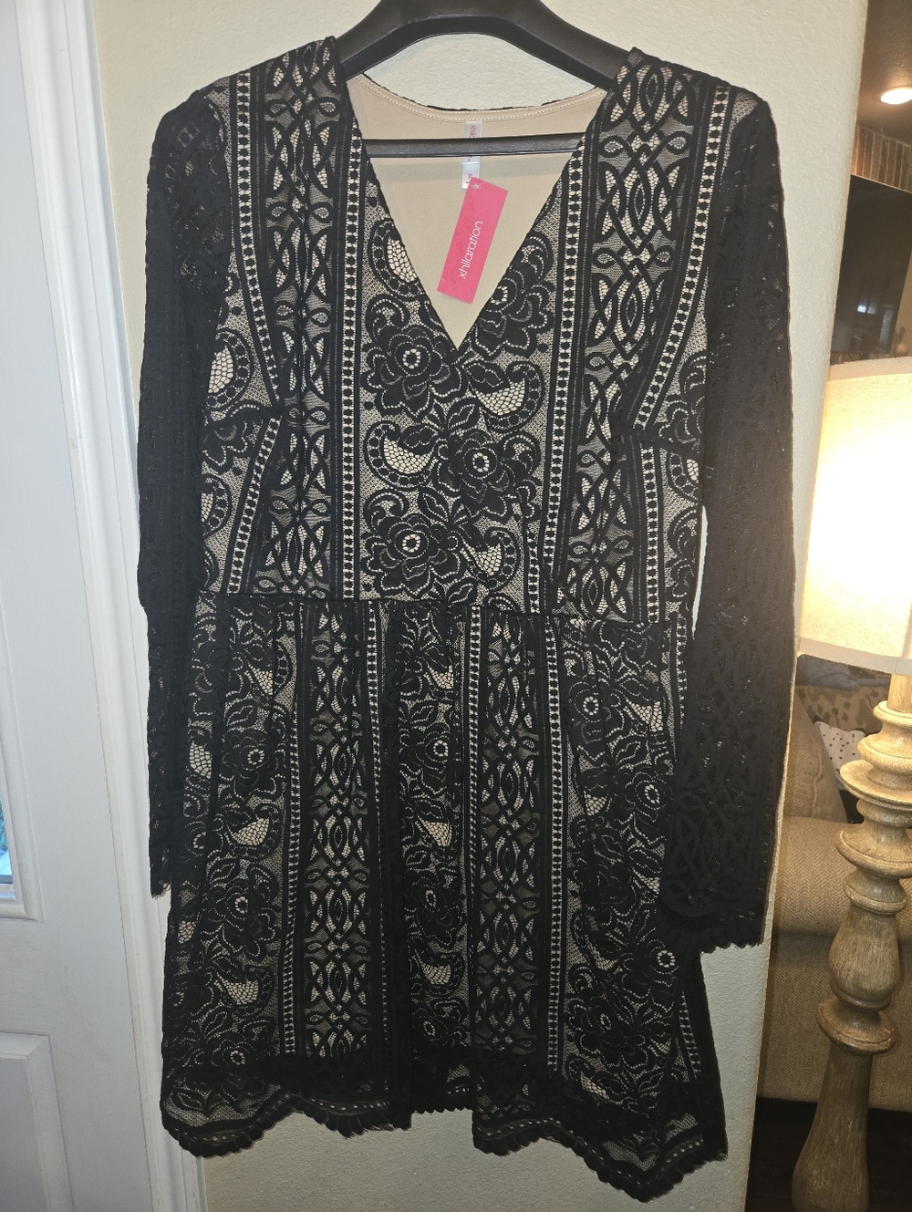 Xhiliration Black Lace V-Neck Faux Wrap Dress with Nude Lining XL